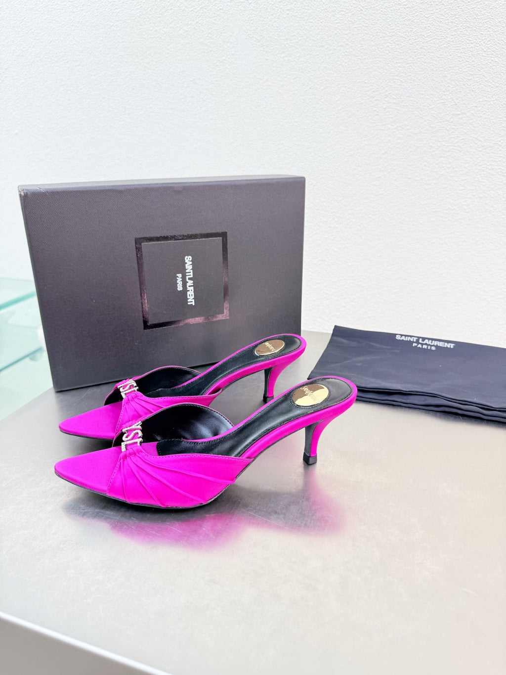 YSL 26S HIGH HEEL SANDALS 65 MM IN DARK PINK FABRIC