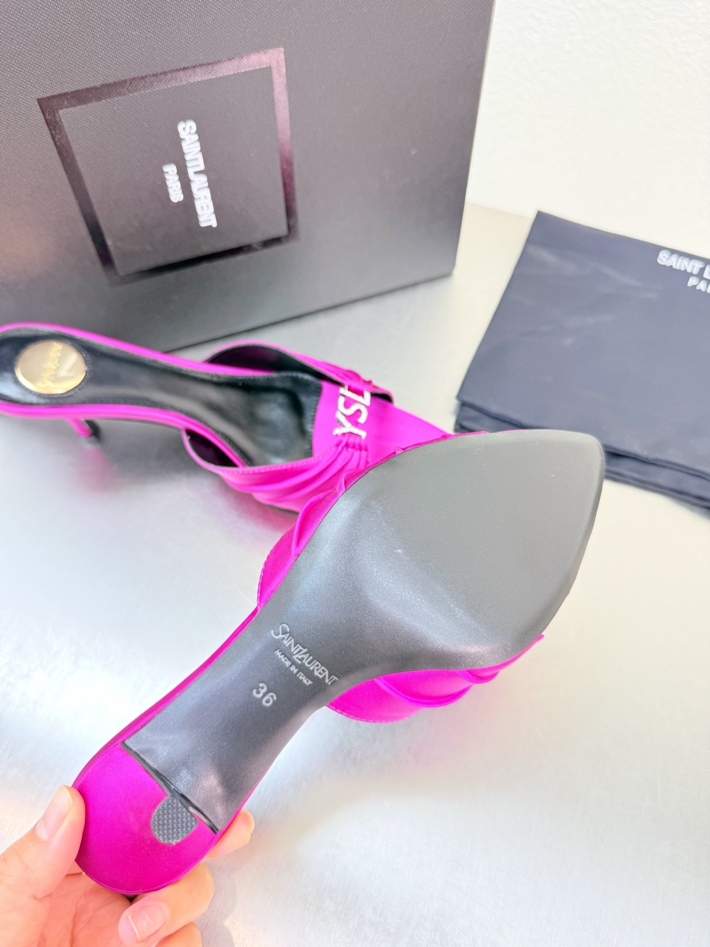 YSL 26S HIGH HEEL SANDALS 65 MM IN DARK PINK FABRIC
