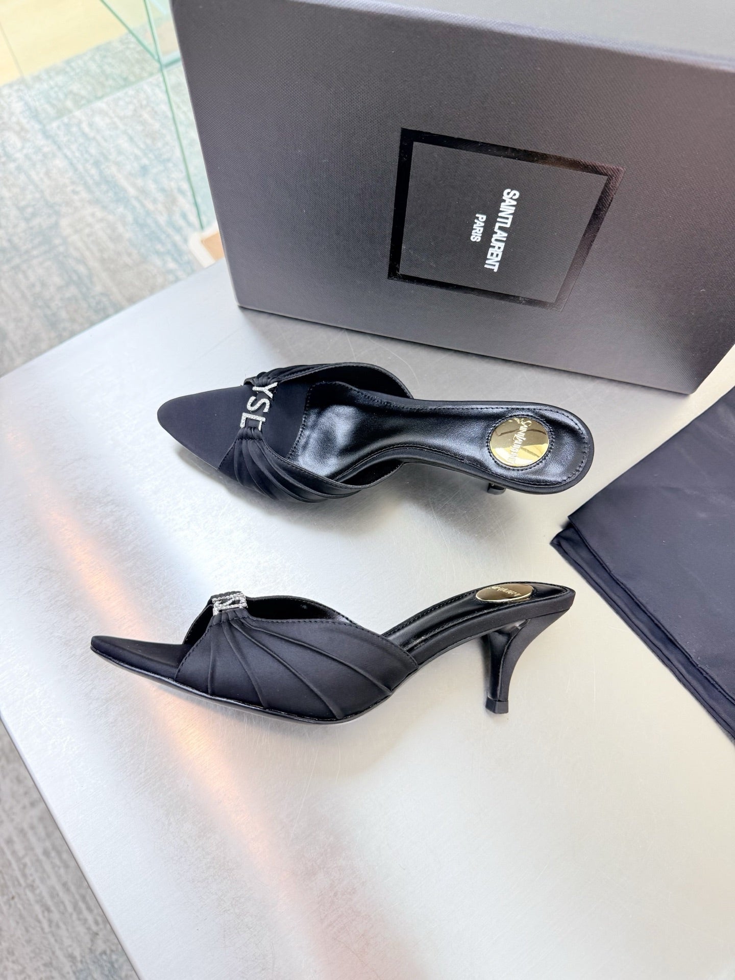 YSL 26S HIGH HEEL SANDALS 65 MM IN BLACK FABRIC