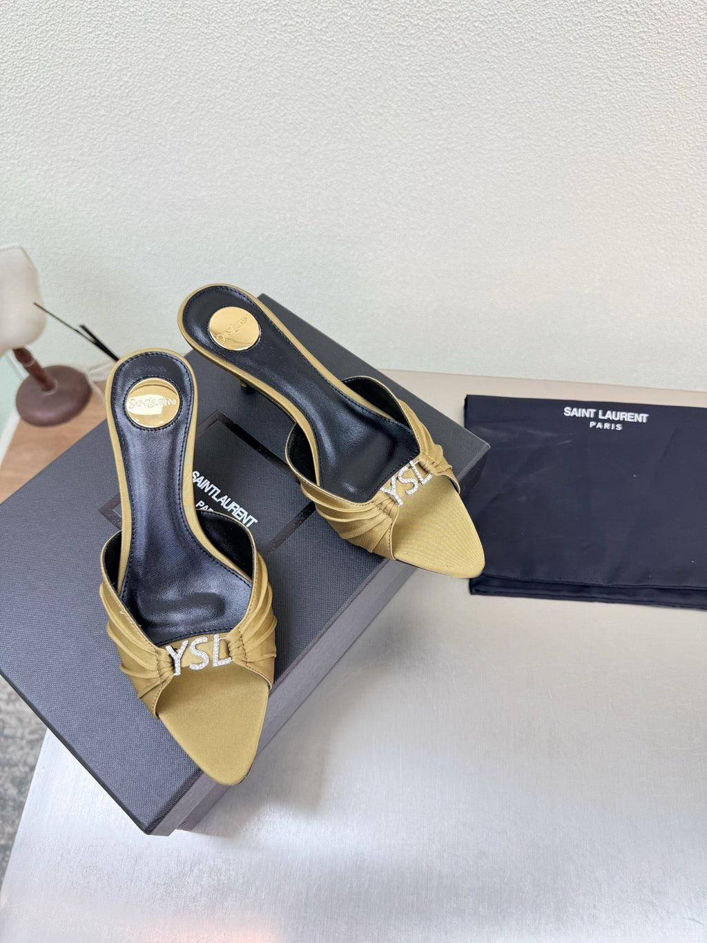YSL 26S HIGH HEEL SANDALS 65 MM IN LIGHT OLIVE GREEN FABRIC