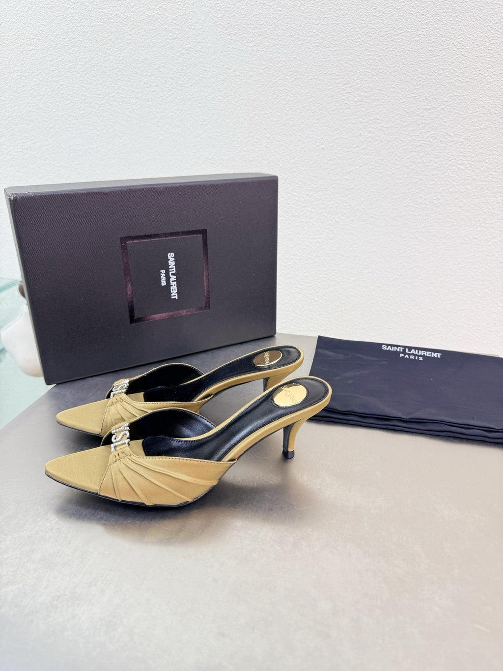YSL 26S HIGH HEEL SANDALS 65 MM IN LIGHT OLIVE GREEN FABRIC