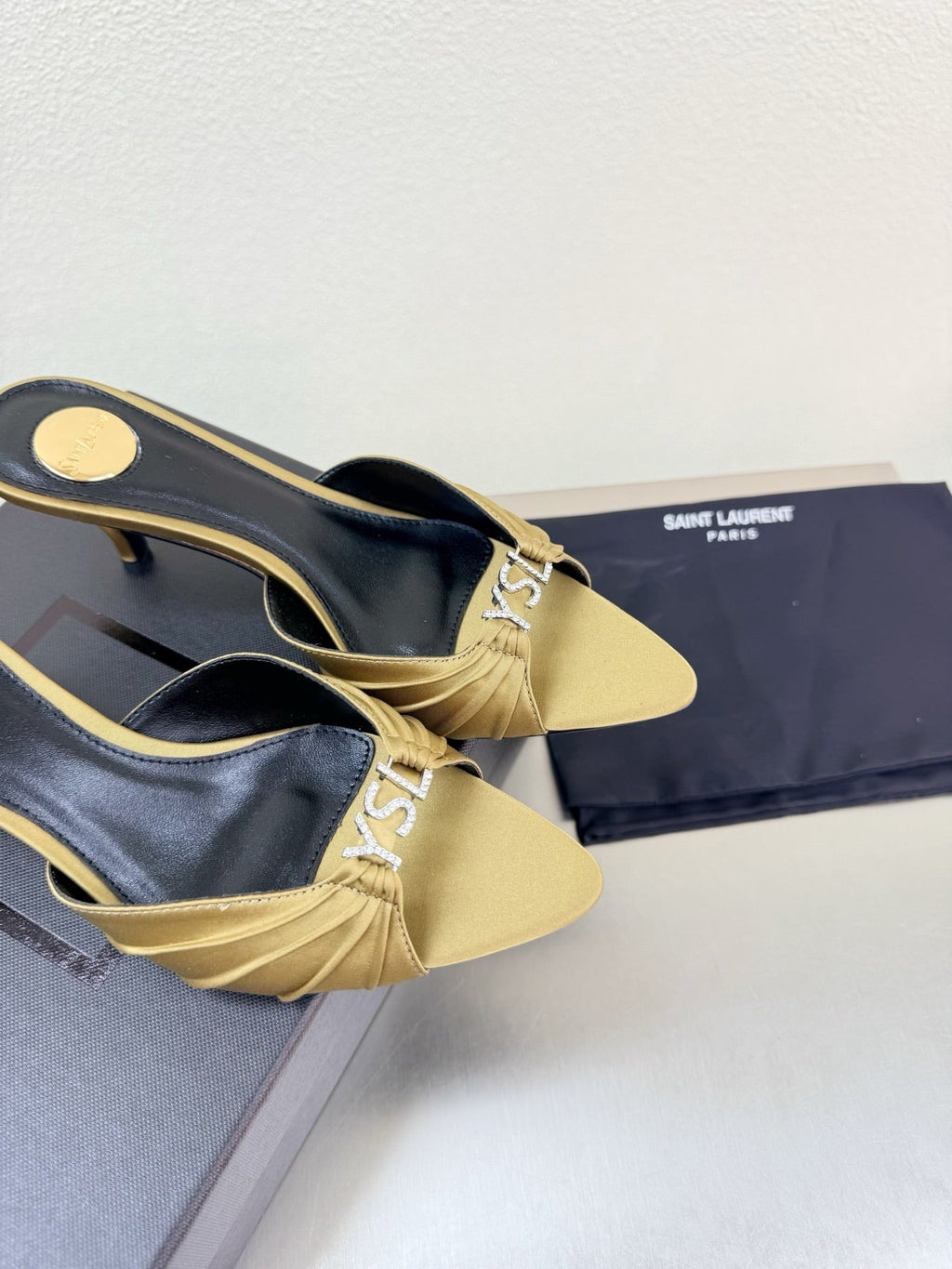 YSL 26S HIGH HEEL SANDALS 65 MM IN LIGHT OLIVE GREEN FABRIC