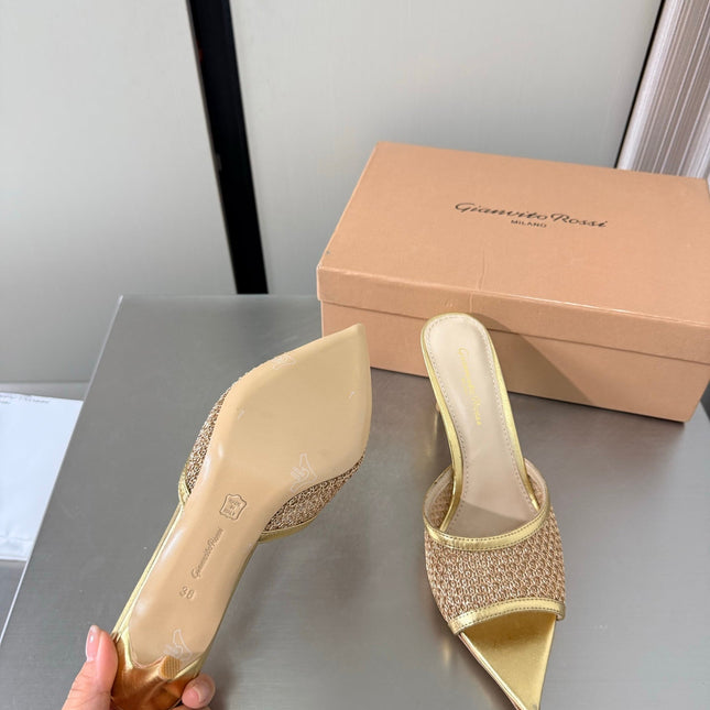 GIANVITO ROSSI 26S POINTED-TOE SANDALS 90 MM IN GOLD LAMBSKIN