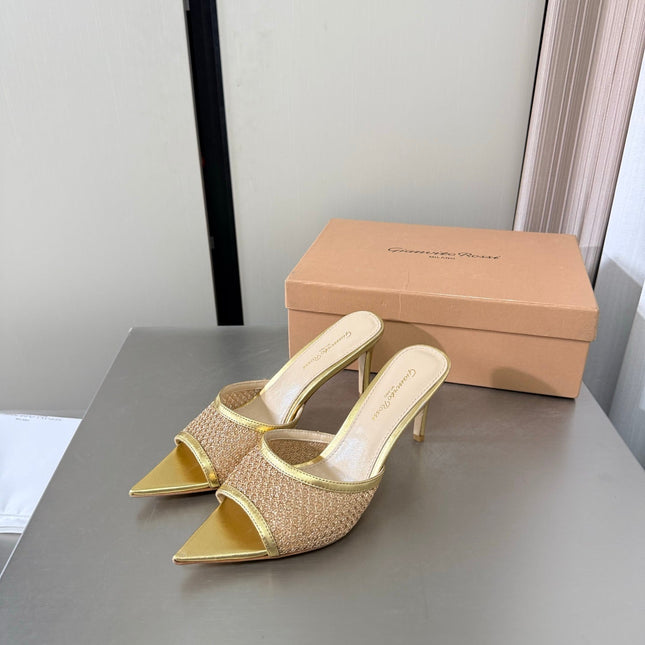 GIANVITO ROSSI 26S POINTED-TOE SANDALS 90 MM IN GOLD LAMBSKIN