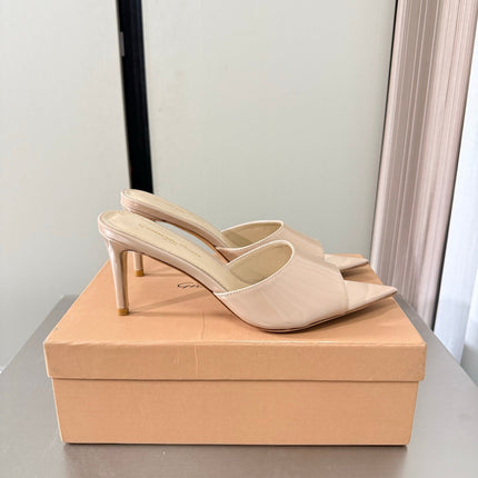 GIANVITO ROSSI 26S POINTED-TOE SANDALS 90 MM IN BEIGE PATENT CALFSKIN