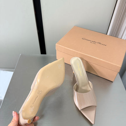 GIANVITO ROSSI 26S POINTED-TOE SANDALS 90 MM IN BEIGE PATENT CALFSKIN