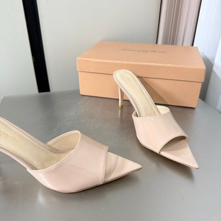 GIANVITO ROSSI 26S POINTED-TOE SANDALS 90 MM IN BEIGE PATENT CALFSKIN