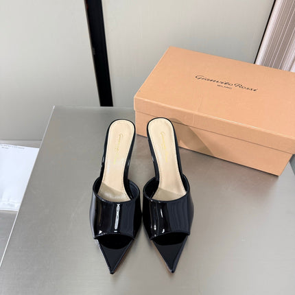 GIANVITO ROSSI 26S POINTED-TOE SANDALS 90 MM IN BLACK PATENT CALFSKIN