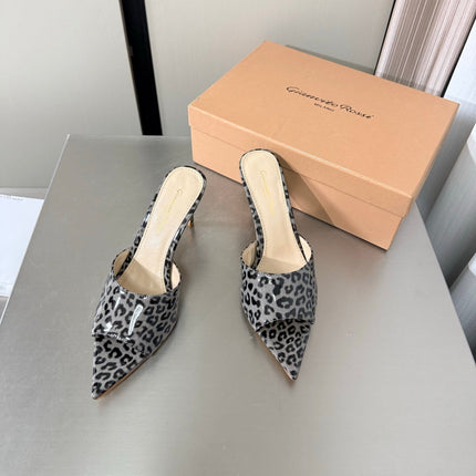 GIANVITO ROSSI 26S POINTED-TOE SANDALS 90 MM IN BLACK AND GREY LEOPARD PRINT LEATHER