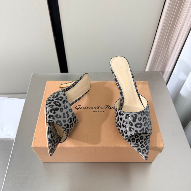 GIANVITO ROSSI 26S POINTED-TOE SANDALS 90 MM IN BLACK AND GREY LEOPARD PRINT LEATHER