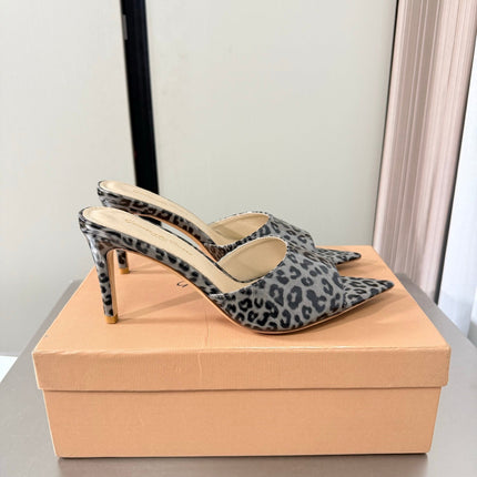 GIANVITO ROSSI 26S POINTED-TOE SANDALS 90 MM IN BLACK AND GREY LEOPARD PRINT LEATHER