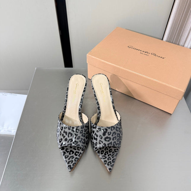 GIANVITO ROSSI 26S POINTED-TOE SANDALS 90 MM IN BLACK AND GREY LEOPARD PRINT LEATHER