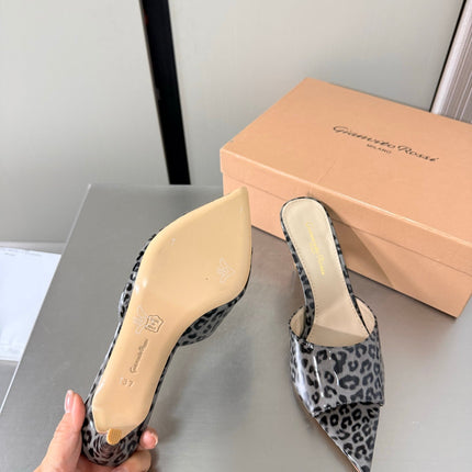 GIANVITO ROSSI 26S POINTED-TOE SANDALS 90 MM IN BLACK AND GREY LEOPARD PRINT LEATHER