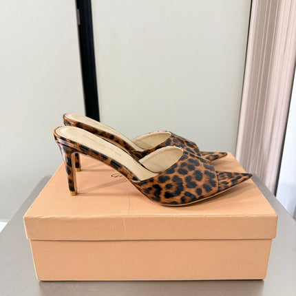 GIANVITO ROSSI 26S POINTED-TOE SANDALS 90 MM IN BLACK AND BROWN LEOPARD PRINT LEATHER 
