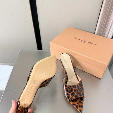 GIANVITO ROSSI 26S POINTED-TOE SANDALS 90 MM IN BLACK AND BROWN LEOPARD PRINT LEATHER 