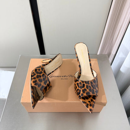 GIANVITO ROSSI 26S POINTED-TOE SANDALS 90 MM IN BLACK AND BROWN LEOPARD PRINT LEATHER 