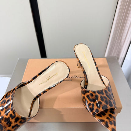 GIANVITO ROSSI 26S POINTED-TOE SANDALS 90 MM IN BLACK AND BROWN LEOPARD PRINT LEATHER 
