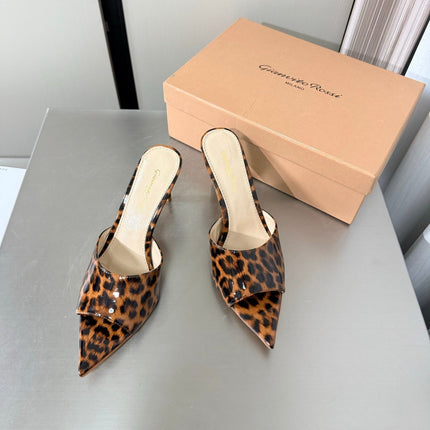 GIANVITO ROSSI 26S POINTED-TOE SANDALS 90 MM IN BLACK AND BROWN LEOPARD PRINT LEATHER 