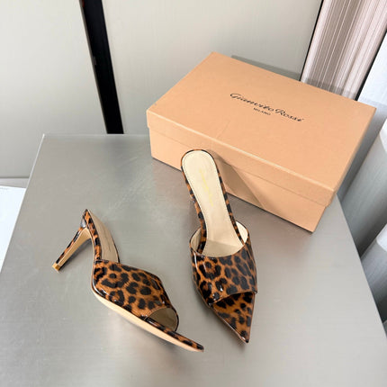 GIANVITO ROSSI 26S POINTED-TOE SANDALS 90 MM IN BLACK AND BROWN LEOPARD PRINT LEATHER 