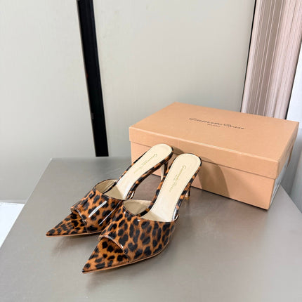 GIANVITO ROSSI 26S POINTED-TOE SANDALS 90 MM IN BLACK AND BROWN LEOPARD PRINT LEATHER 