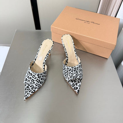 GIANVITO ROSSI 26S POINTED-TOE SANDALS 90 MM IN BLACK AND WHITE LEOPARD PRINT LEATHER 