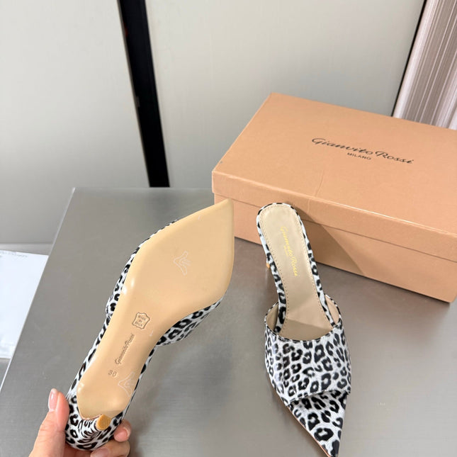 GIANVITO ROSSI 26S POINTED-TOE SANDALS 90 MM IN BLACK AND WHITE LEOPARD PRINT LEATHER 