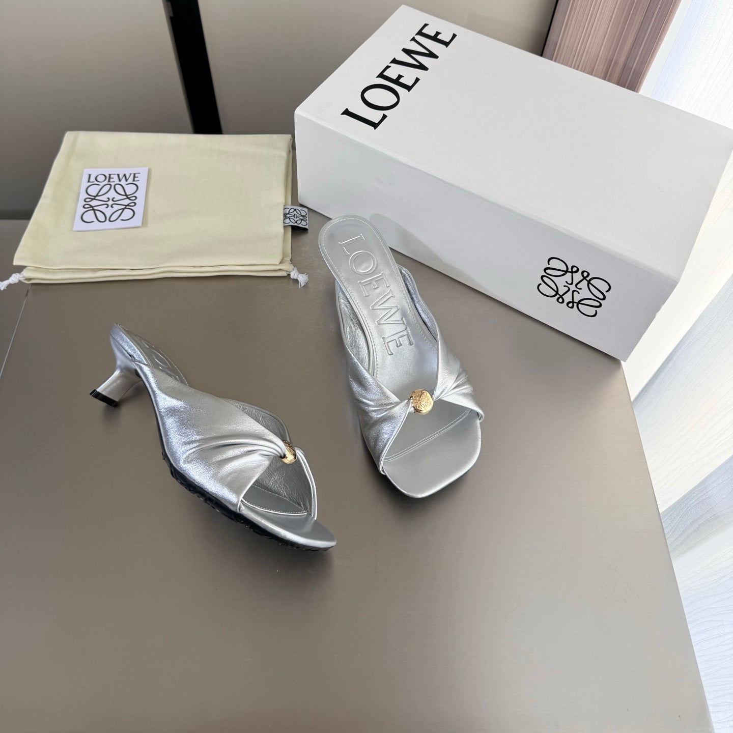 LOEWE 26S HEELED SANDALS 45MM IN SILVER CALFSKIN