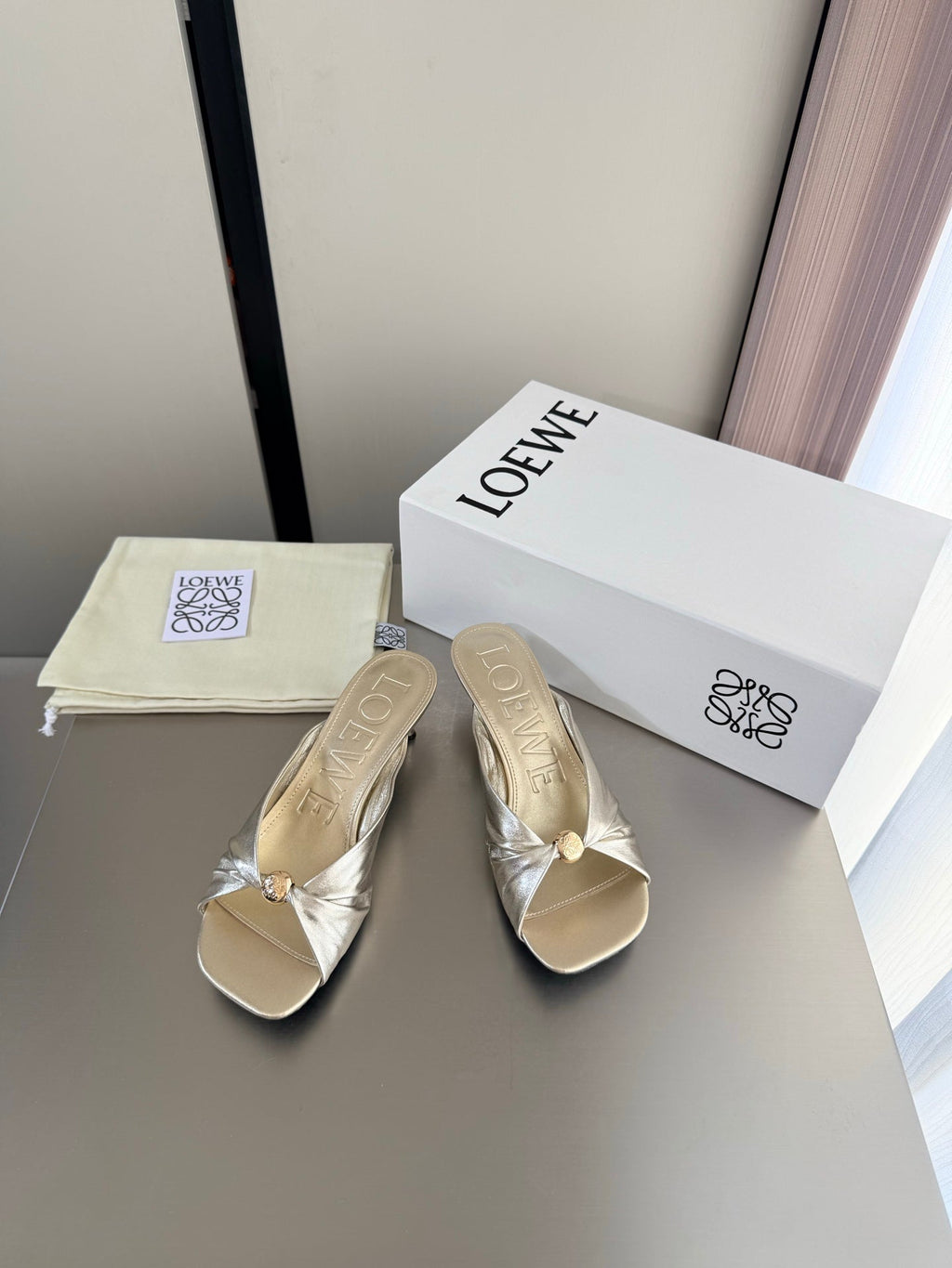 LOEWE 26S HEELED SANDALS 45MM IN GOLD CALFSKIN