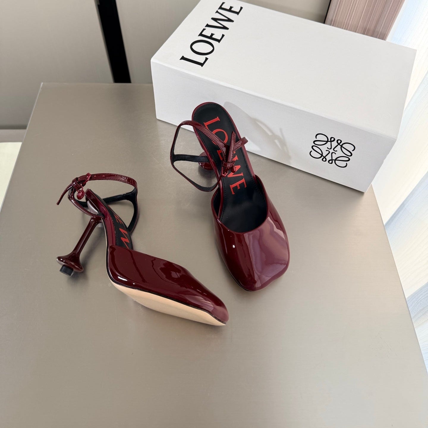 LOEWE 26S SLINGBACK HIGH HEEL PUMPS 60MM IN BURGUNDY RED PATENT CALFSKIN