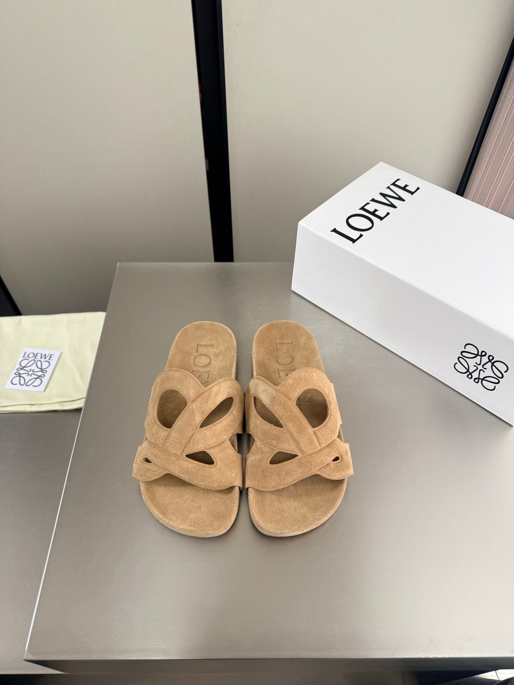 LOEWE 26S SLIDE SANDALS 30MM IN BEIGE SUEDE