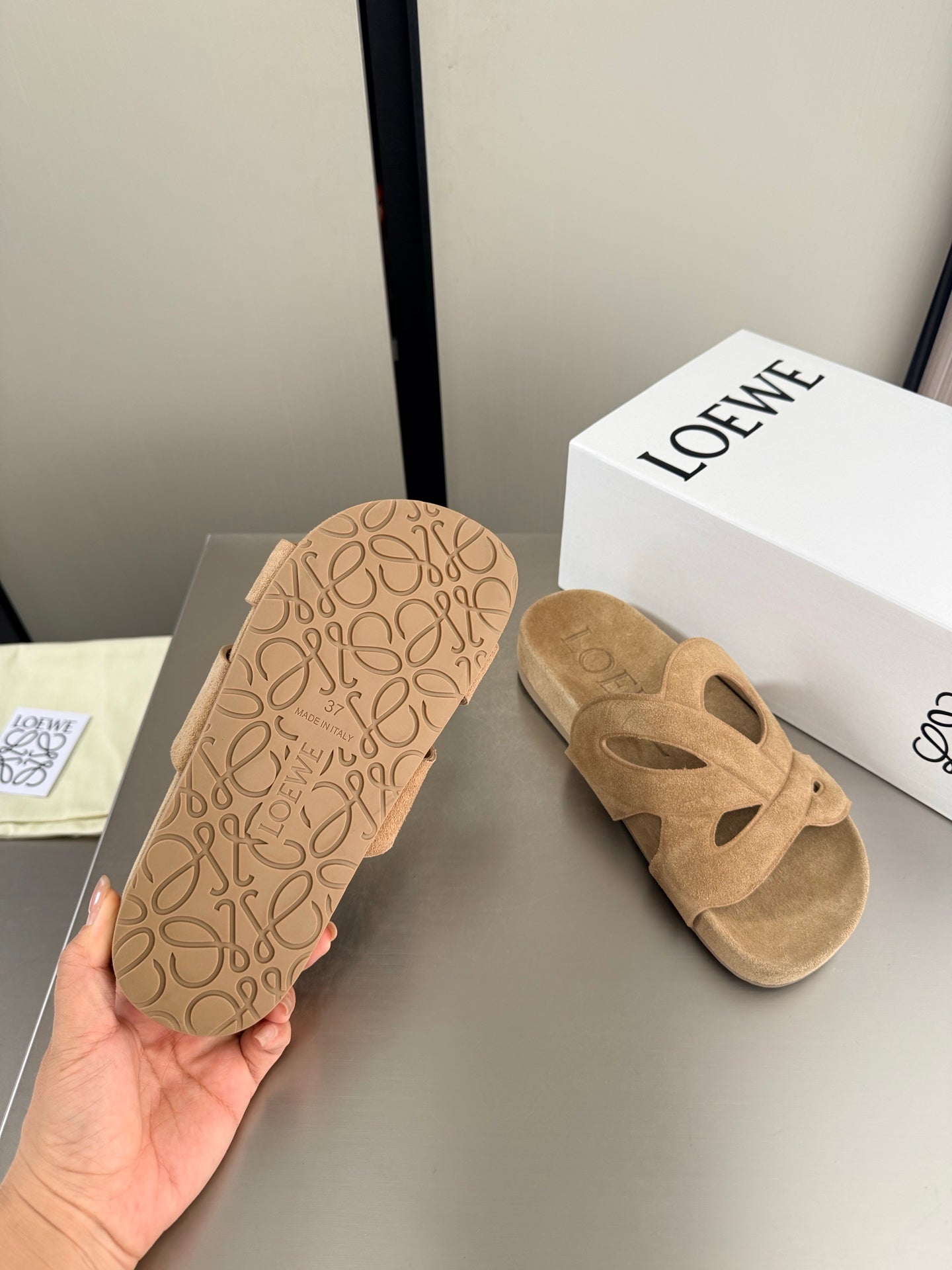 LOEWE 26S SLIDE SANDALS 30MM IN BEIGE SUEDE