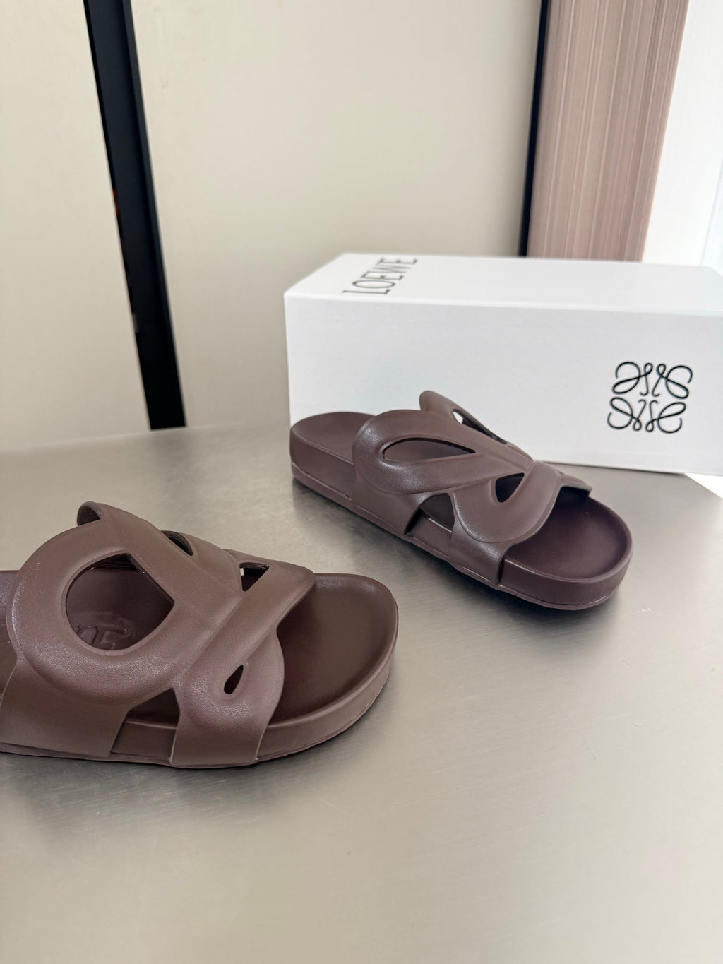 LOEWE 26S SLIDE SANDALS 30MM IN DARK BROWN CALFSKIN