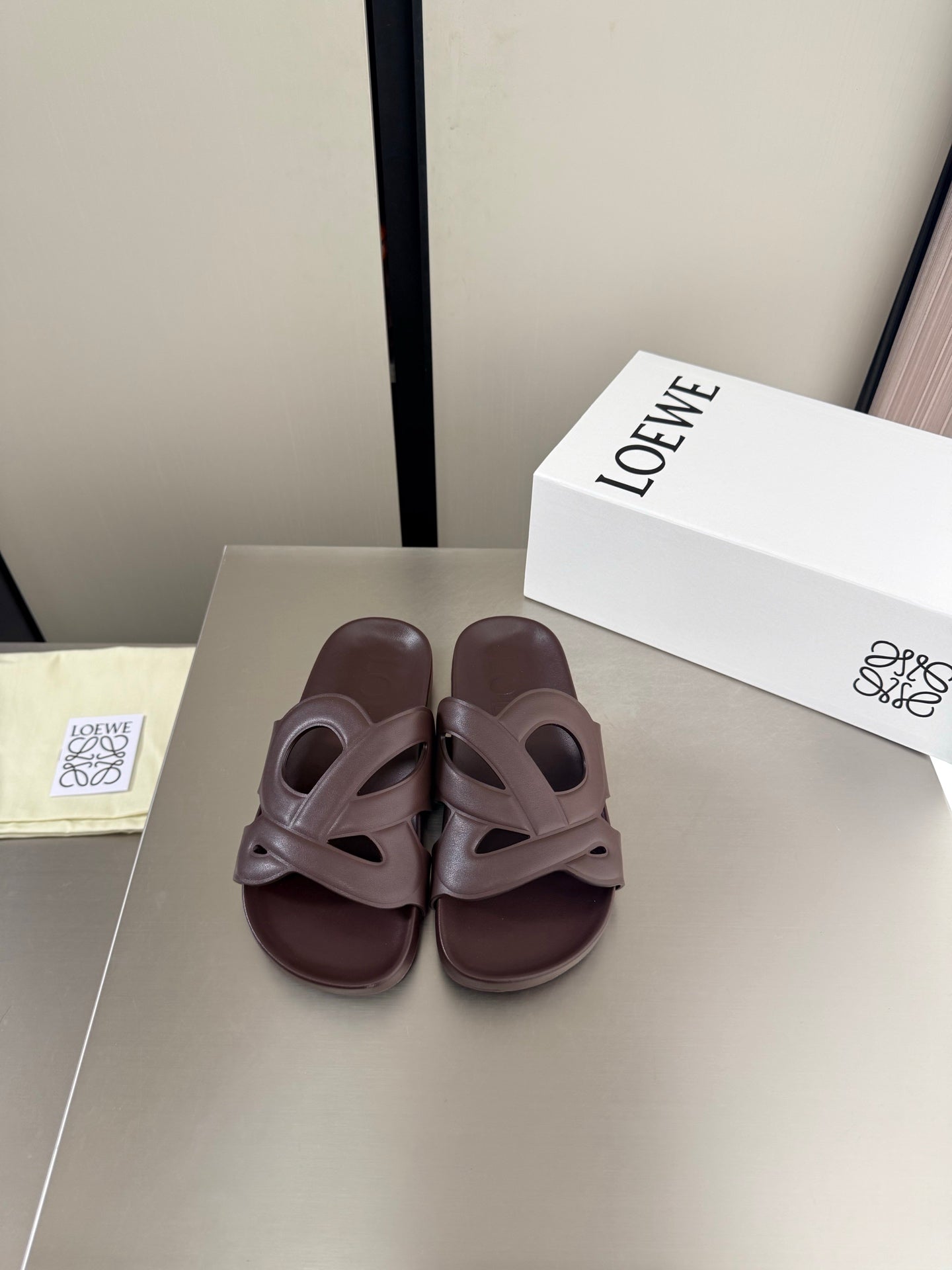 LOEWE 26S SLIDE SANDALS 30MM IN DARK BROWN CALFSKIN