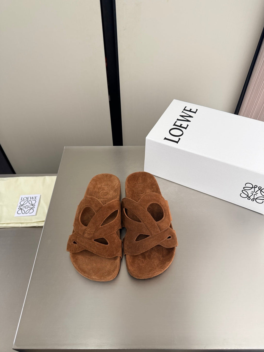 LOEWE 26S SLIDE SANDALS 30MM IN CARAMEL BROWN SUEDE