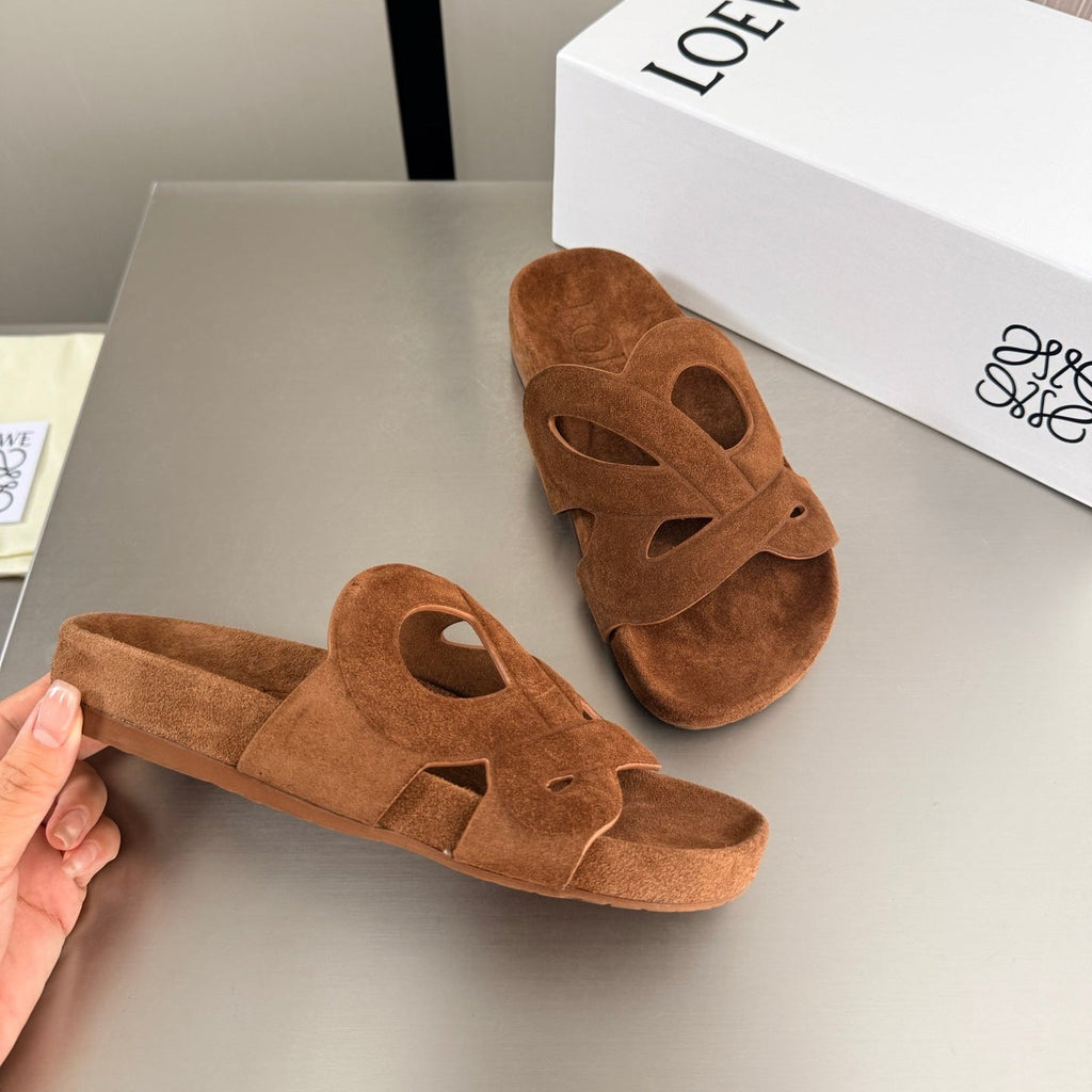 LOEWE 26S SLIDE SANDALS 30MM IN CARAMEL BROWN SUEDE