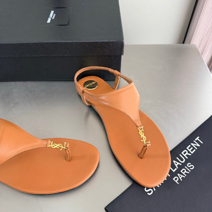 YSL 26S THONG SANDALS IN TAN BROWN CALFSKIN WITH GOLD HARDWARE