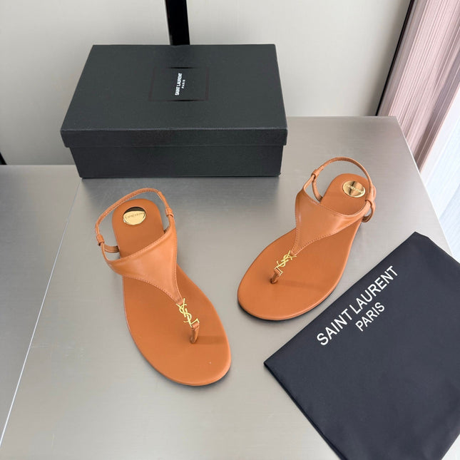 YSL 26S THONG SANDALS IN TAN BROWN CALFSKIN WITH GOLD HARDWARE