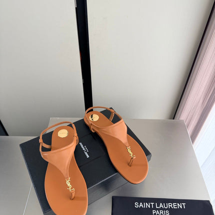 YSL 26S THONG SANDALS IN TAN BROWN CALFSKIN WITH GOLD HARDWARE