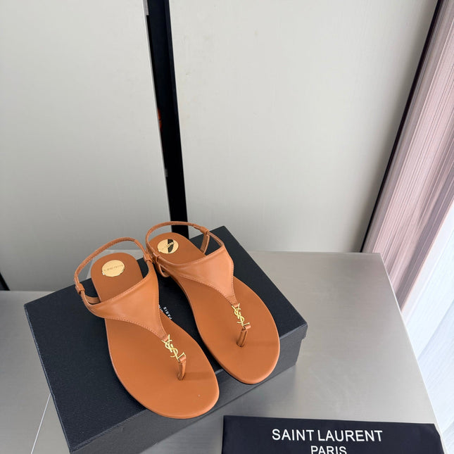YSL 26S THONG SANDALS IN TAN BROWN CALFSKIN WITH GOLD HARDWARE