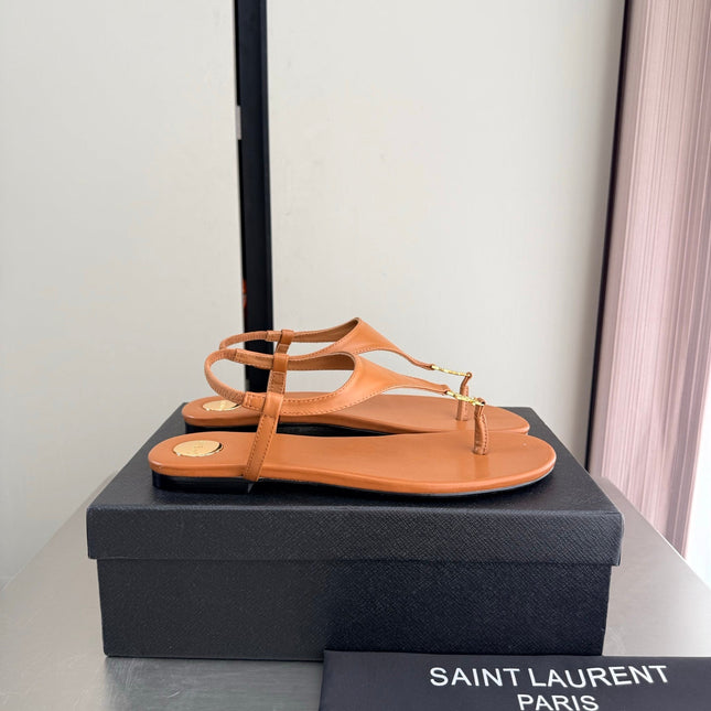YSL 26S THONG SANDALS IN TAN BROWN CALFSKIN WITH GOLD HARDWARE