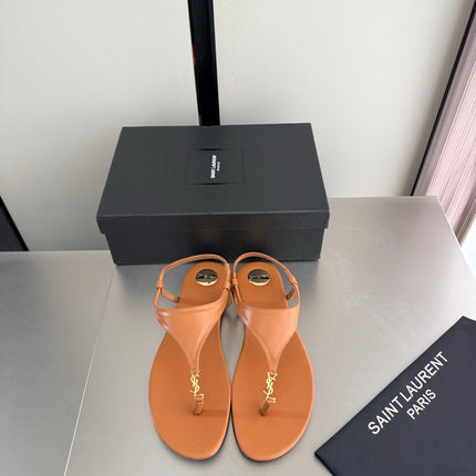 YSL 26S THONG SANDALS IN TAN BROWN CALFSKIN WITH GOLD HARDWARE