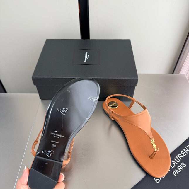 YSL 26S THONG SANDALS IN TAN BROWN CALFSKIN WITH GOLD HARDWARE