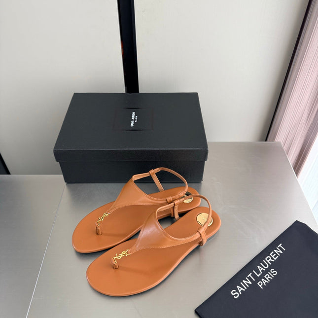YSL 26S THONG SANDALS IN TAN BROWN CALFSKIN WITH GOLD HARDWARE