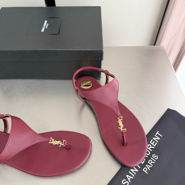 YSL 26S THONG SANDALS IN DARK RED CALFSKIN WITH GOLD HARDWARE