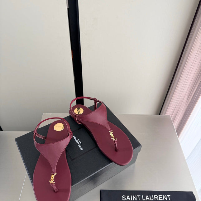 YSL 26S THONG SANDALS IN DARK RED CALFSKIN WITH GOLD HARDWARE
