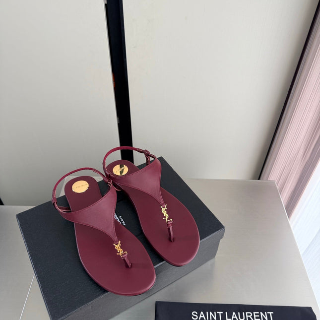 YSL 26S THONG SANDALS IN DARK RED CALFSKIN WITH GOLD HARDWARE