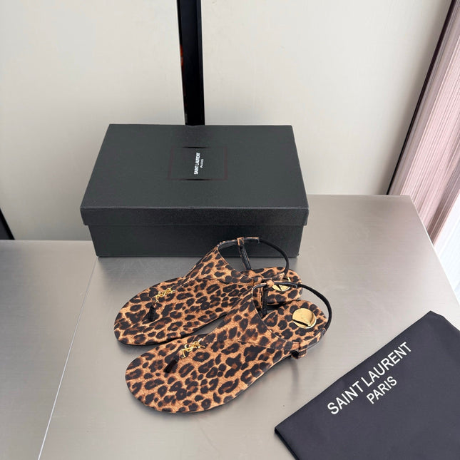 YSL 26S THONG SANDALS IN LEOPARD-PRINT CANVAS WITH GOLD HARDWARE