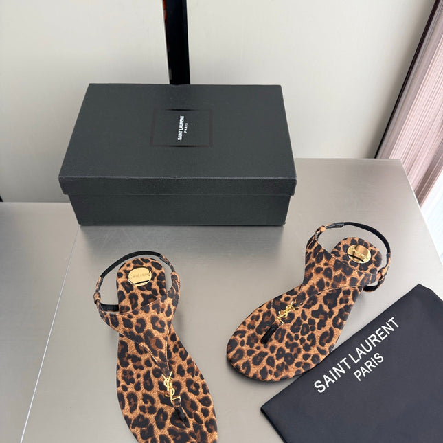 YSL 26S THONG SANDALS IN LEOPARD-PRINT CANVAS WITH GOLD HARDWARE