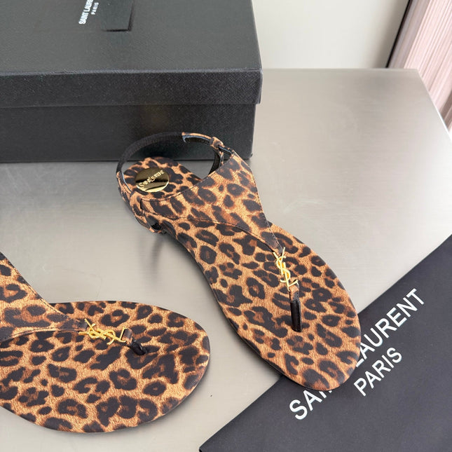 YSL 26S THONG SANDALS IN LEOPARD-PRINT CANVAS WITH GOLD HARDWARE