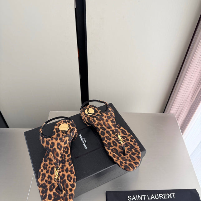 YSL 26S THONG SANDALS IN LEOPARD-PRINT CANVAS WITH GOLD HARDWARE